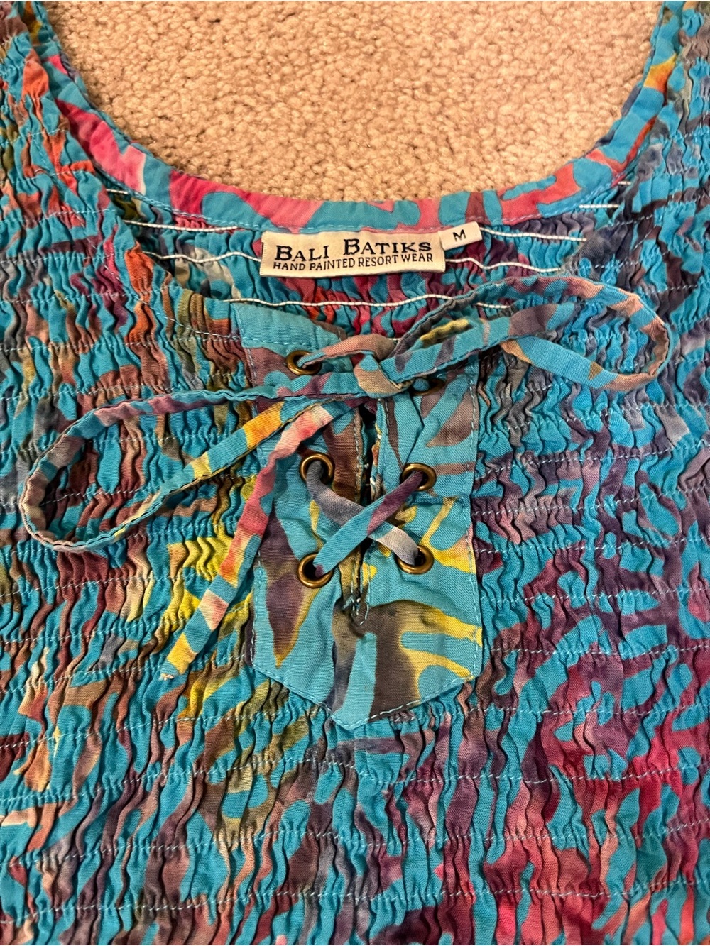 Bali Batiks Hand Painted Resort Wear Lace-Up Smocked Maxi Dress - Picture 7 of 11
